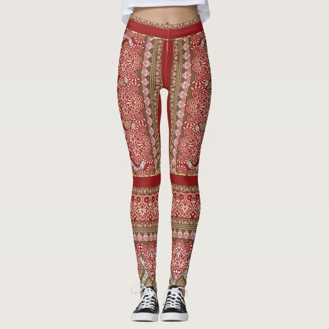 a design of a red and beige pattern_ leggings (Front)