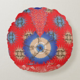 a design of a red background with a blue circle round pillow