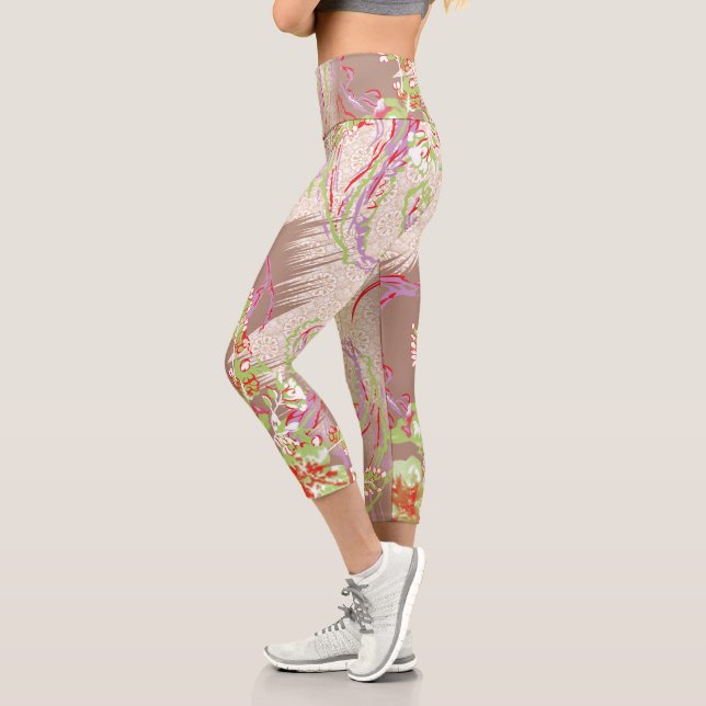 a design of a red vase with flowers on it capri leggings (Left)
