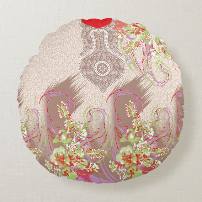 a design of a red vase with flowers on it round pillow (Front)
