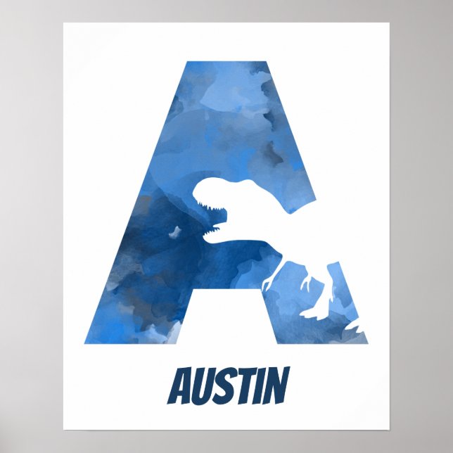 "A" Dinosaur Watercolor Blue Child's Name Poster (Front)
