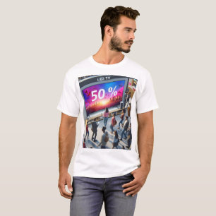 a display of people walking around a tv with a tv T-Shirt