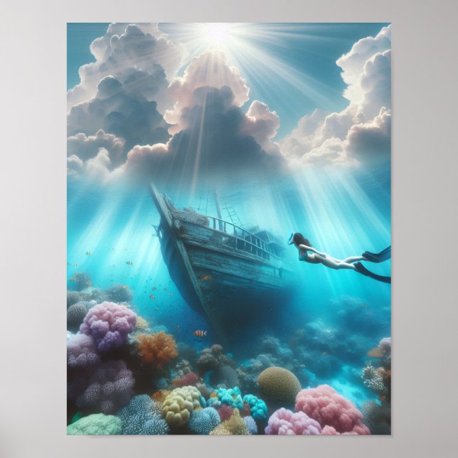 A diver finds a ship wrecked in the reef poster (Front)