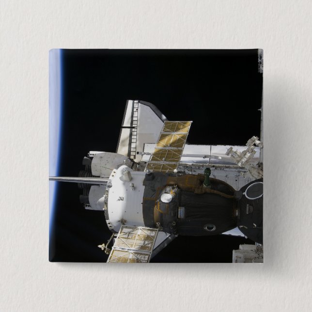 A docked Soyuz spacecraft 2 Inch Square Button (Front)