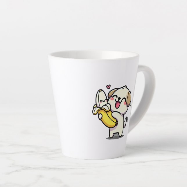 A dog falling into a banana latte mug (Right Angle)