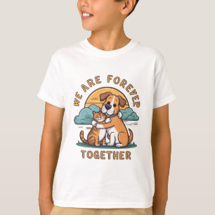 a dog hugging a cat, with the sun setting  T-Shirt