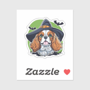 A dog wearing a witches hat with bats