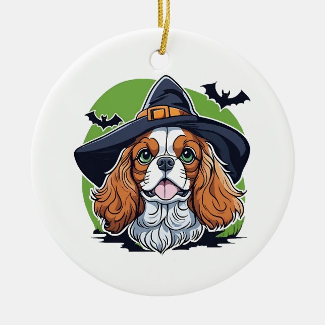A dog wearing a witches hat with bats ceramic ornament (Front)