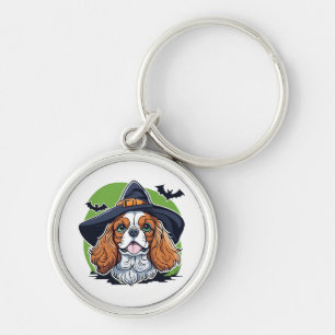 A dog wearing a witches hat with bats keychain
