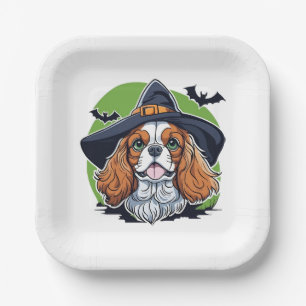 A dog wearing a witches hat with bats paper plate