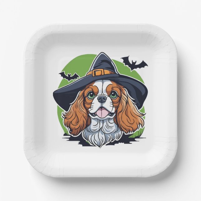 A dog wearing a witches hat with bats paper plate (Front)