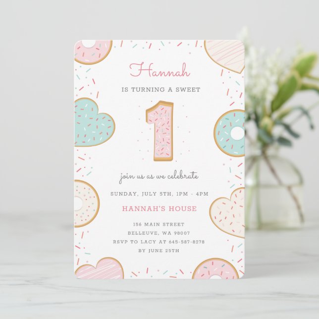 A Doughnut One Birthday party invitation pink (Standing Front)