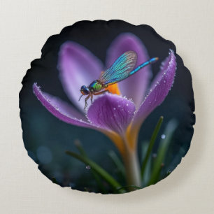 A dragonfly on a crocus flower round pillow