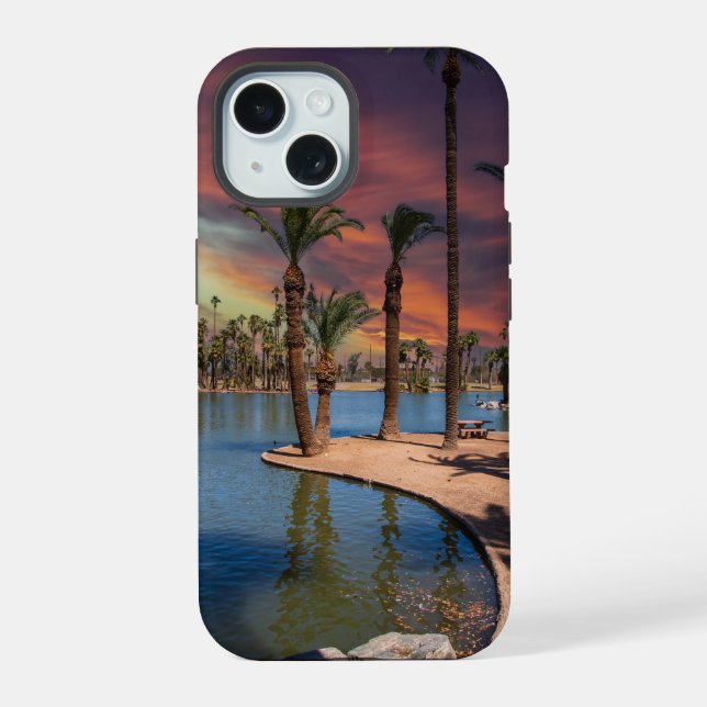 a dramatic sunset at Encanto Park iPhone 15 Case (Back)