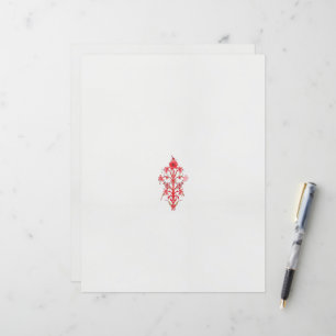 a drawing of a red flower and leaves on a white ba