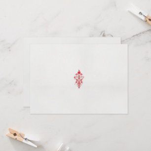 a drawing of a red flower and leaves on a white ba invitation
