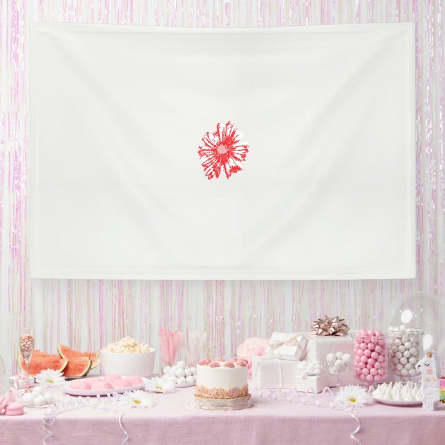 a drawing of a red flower on a white background banner (Party)
