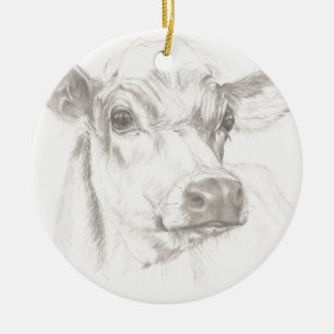A drawing of a young cow ceramic ornament