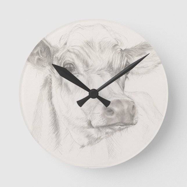 A drawing of a young cow round clock (Front)