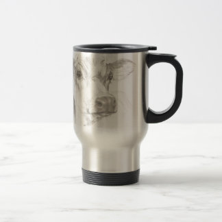 A drawing of a young cow travel mug