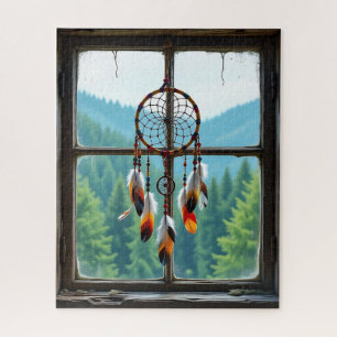 A Dreamcatcher in a Window overlooking Mountains Jigsaw Puzzle