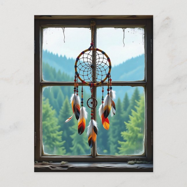 A Dreamcatcher in a Window overlooking Mountains Postcard (Front)
