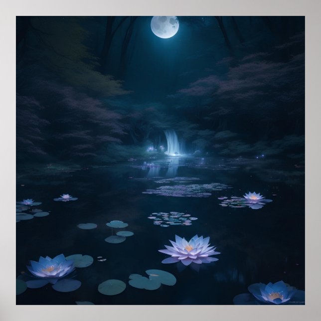 a dreamy moonlit pond in a dense forest poster (Front)