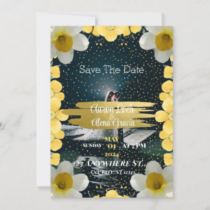 A dried invitation adorned with narcissus flowers