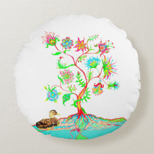 A duck and a tree of life round pillow