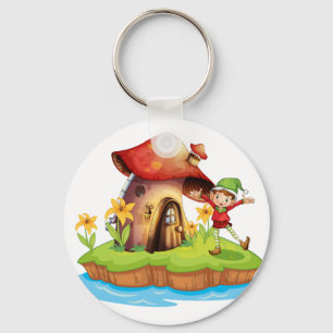 A dwarf outside a mushroom house keychain