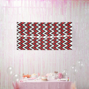 A dynamic chevron pattern in red and black, featur banner