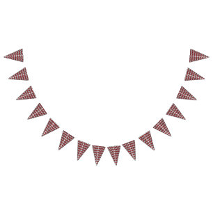 A dynamic chevron pattern in red and black, featur bunting flags