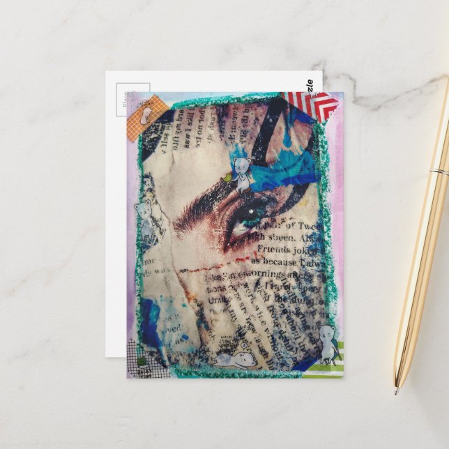 A face abstract mixed media collage postcard (Front/Back In Situ)