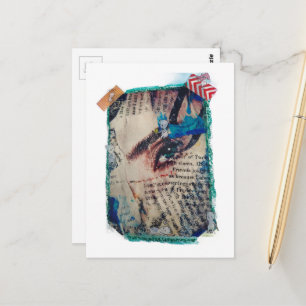 A face and words abstract mixed media collage postcard