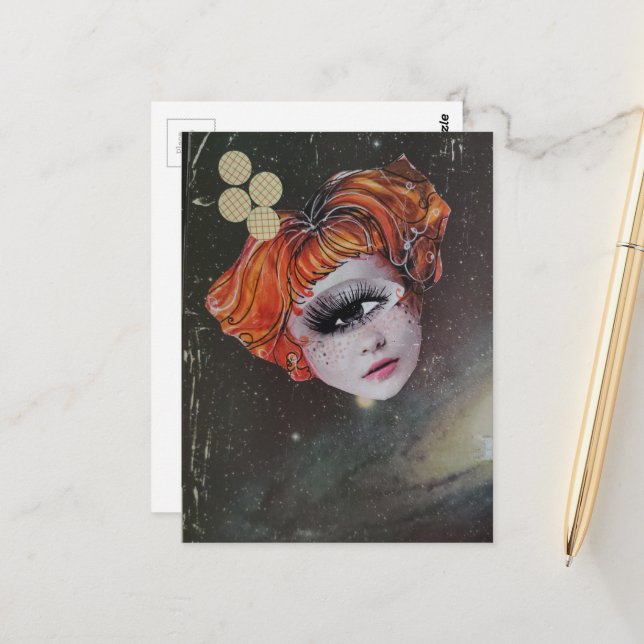 A face in space mixed media collage postcard (Front/Back In Situ)