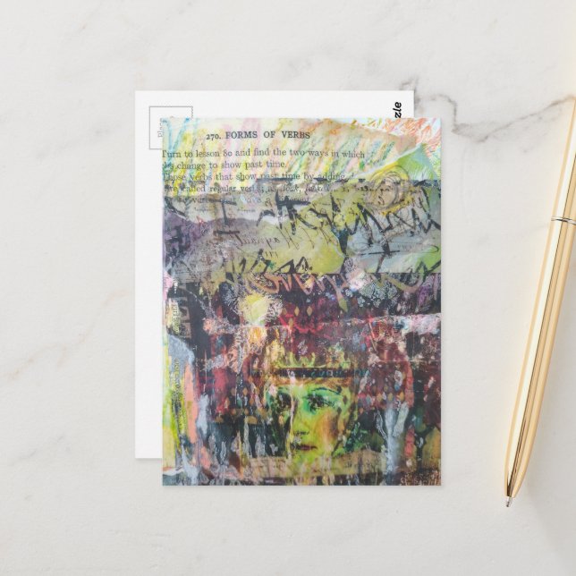 A face mixed media collage forms of verbs postcard (Front/Back In Situ)