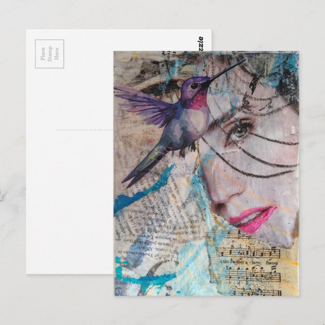 A Face n Hummingbird Abstract Mixed Media Collage Postcard (Front/Back)