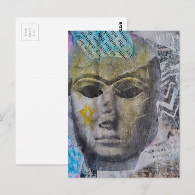 A Face Yellow Star Mixed Media Collage Postcard (Front/Back)