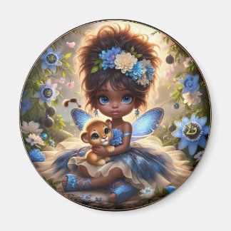 A Fairy and her Lion Cub Blue Magnet
