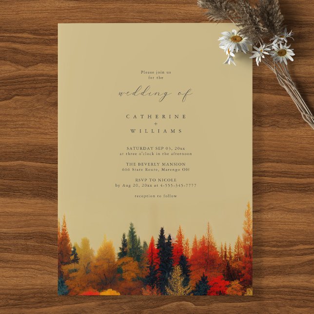 A Fairytale Affair: Whimsical Fall Wedding Invitation (Fairytale fall wedding invitation mockup on rustic wood with forest design)
