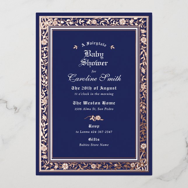 A Fairytale Forest Navy Blue Rose Gold Baby Shower (Front)
