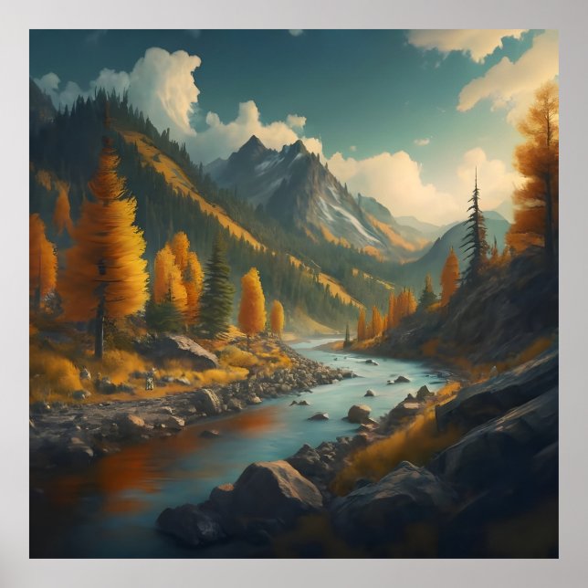 a fall landscape with trees, mountains, and a rive poster (Front)