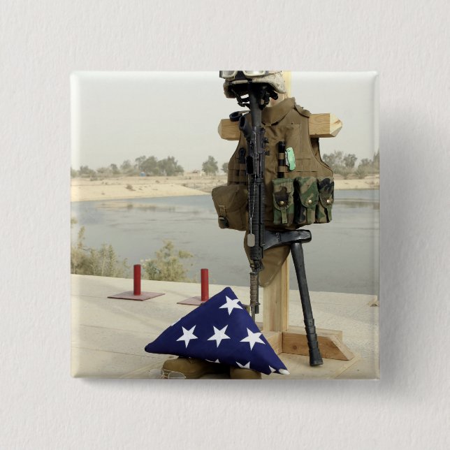 A fallen soldiers gear display 2 inch square button (Front)