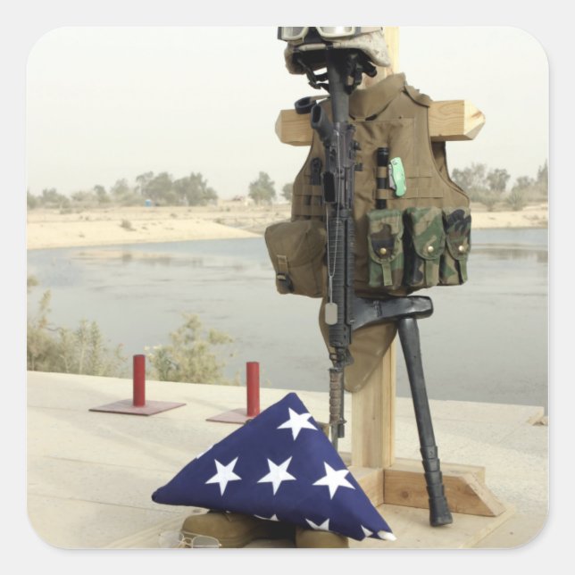 A fallen soldiers gear display square sticker (Front)