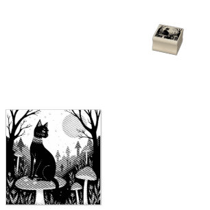 A Familiar Black Cat And Toadstools Halloween 2 Rubber Stamp