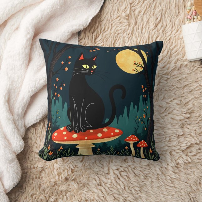 A Familiar Black Cat And Toadstools Halloween 3 Throw Pillow (Blanket)