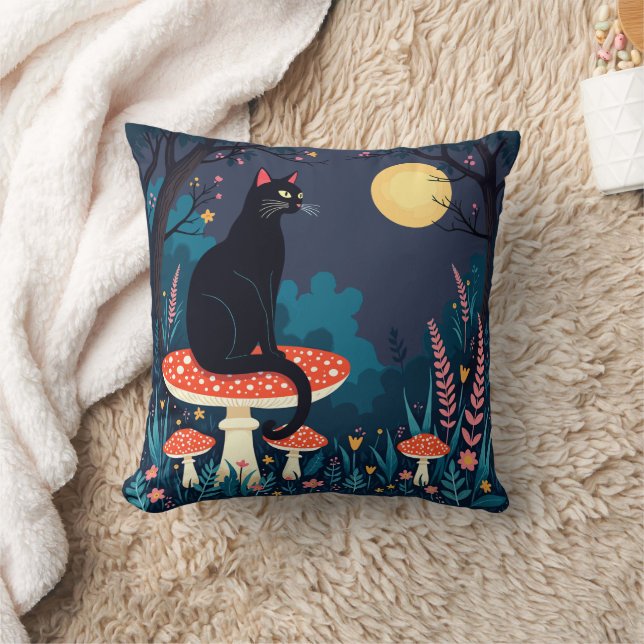 A Familiar Black Cat And Toadstools Halloween 4 Throw Pillow (Blanket)