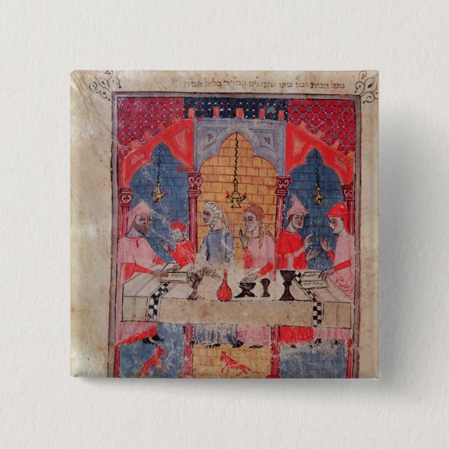 A family gathered at the table for Passover 2 Inch Square Button (Front)