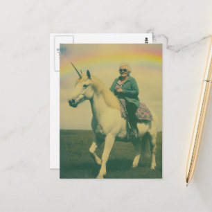 A Fantasy Elderly Woman Riding a Unicorn Postcard