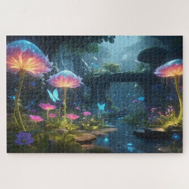 A fantasy garden with bioluminescent flowers jigsaw puzzle (Horizontal)